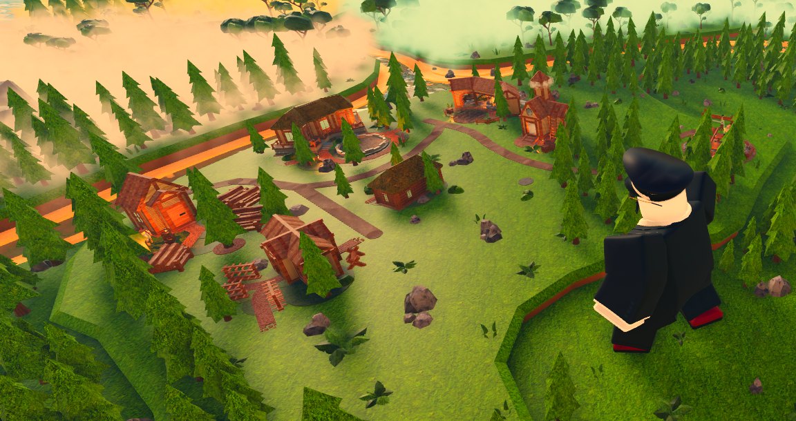 In-game view of an early settlement: timber buildings and worksites in a pine forest